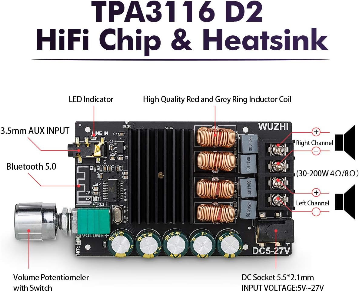 200W Bluetooth 5.0 Power Amplifier 2 Channel Hi-Fi Stereo Audio Amp Home Desktop Car Speaker DC8-24V