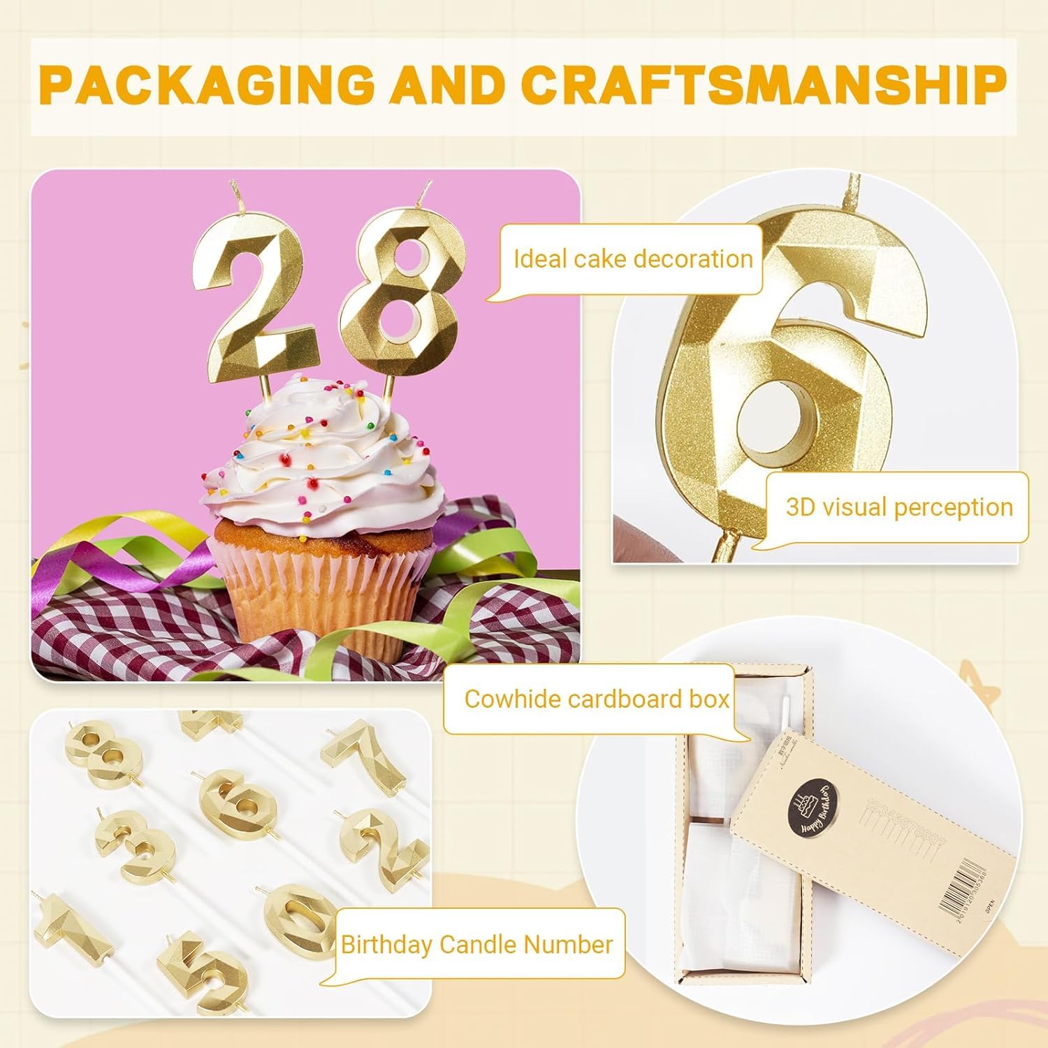 Bougies d'Anniversaire 78 Ans Dorées Numéro 78 Or pour Gâteau Décoration de Fête