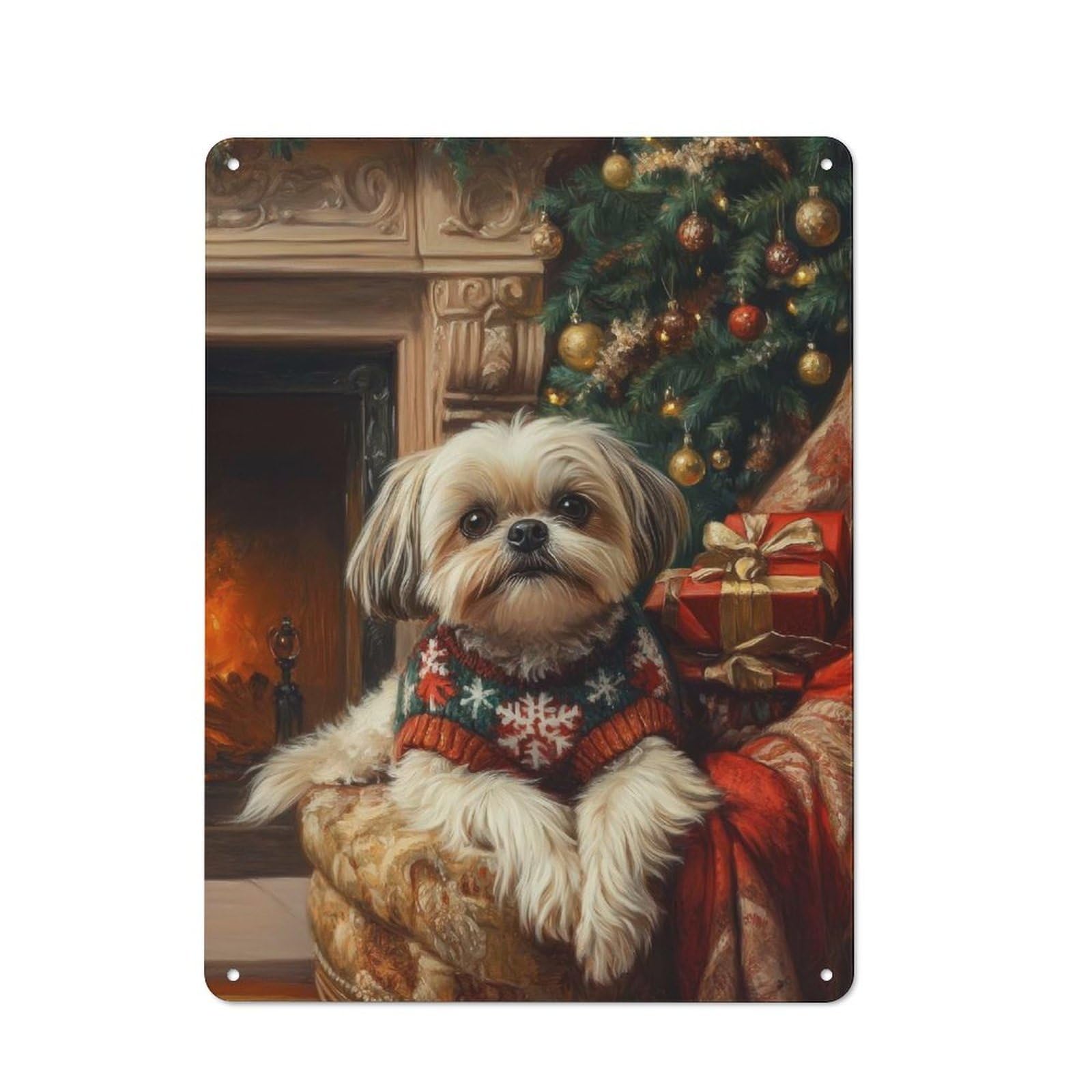 Junmoney Dog In Christmas Sweater Shih Tzu Dog Christ Vintage Tin Sign 40X30cm With Mas Art For Kitchen Or Home Bar, For Retro Home Interiors, For Cafés, Pubs And Restaurants