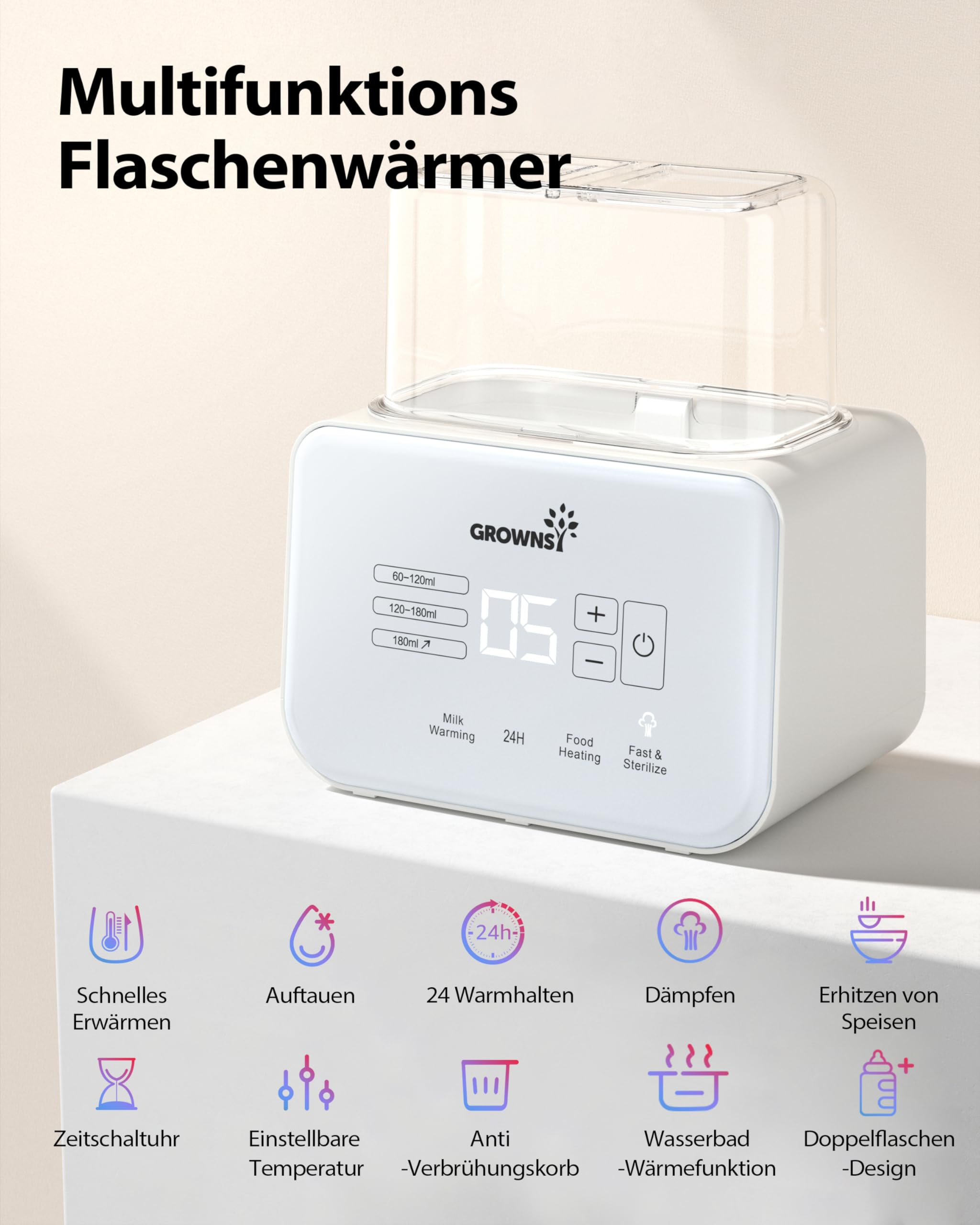 Grownsy Flaschenwärmer baby, 9-in-1 Sterilisator für Babyflaschen Fast Babynahrungsheizung & Abtauung BPA-frei, Timer, Präzise Temperaturregelung, Babykostwärmer mit LCD, Doppel-Flaschenwärmer