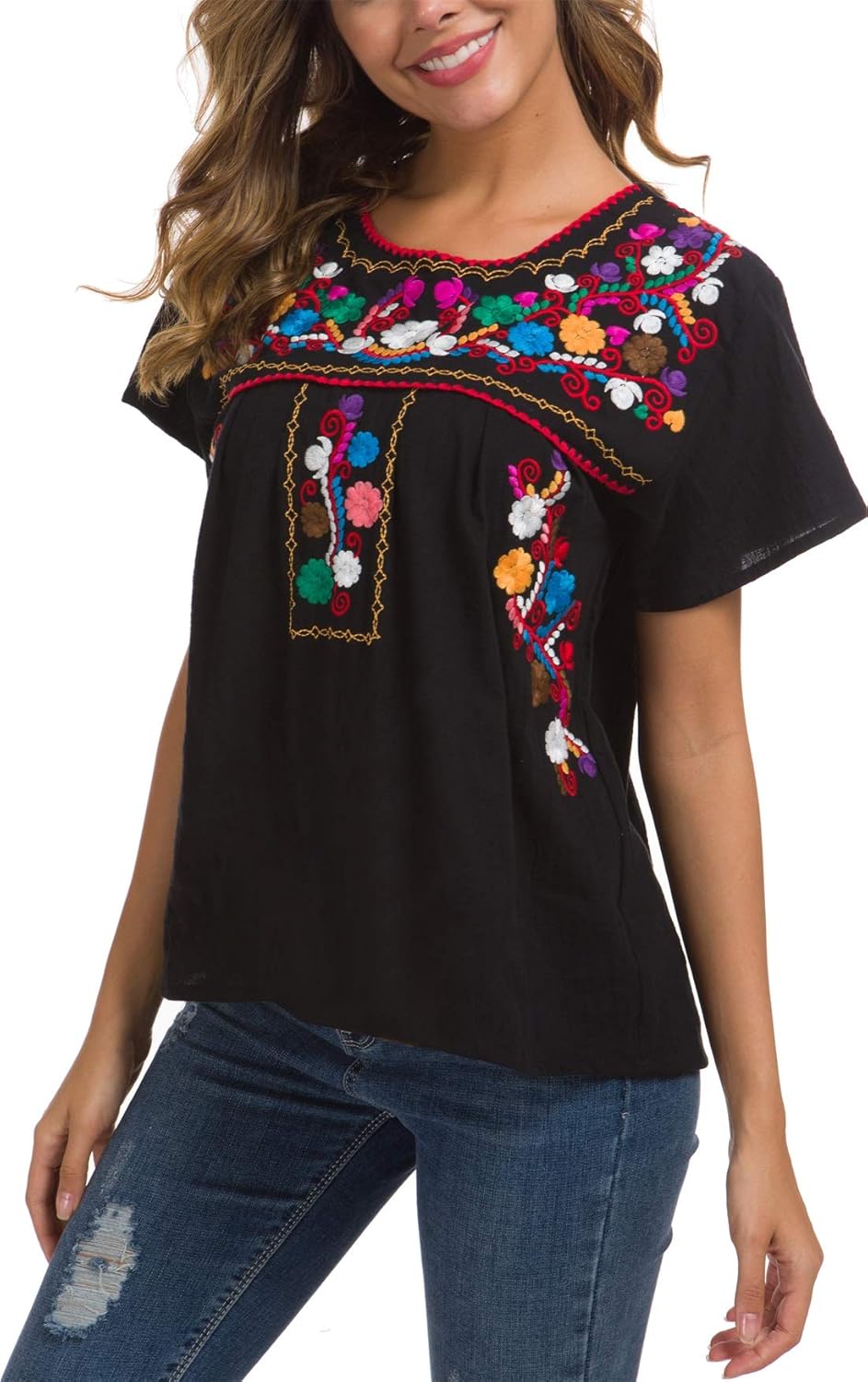 YZXDORWJ Women's Embroidered Mexican Peasant Blouse Mexico Summer Shirt Short Sleeve - Image 4