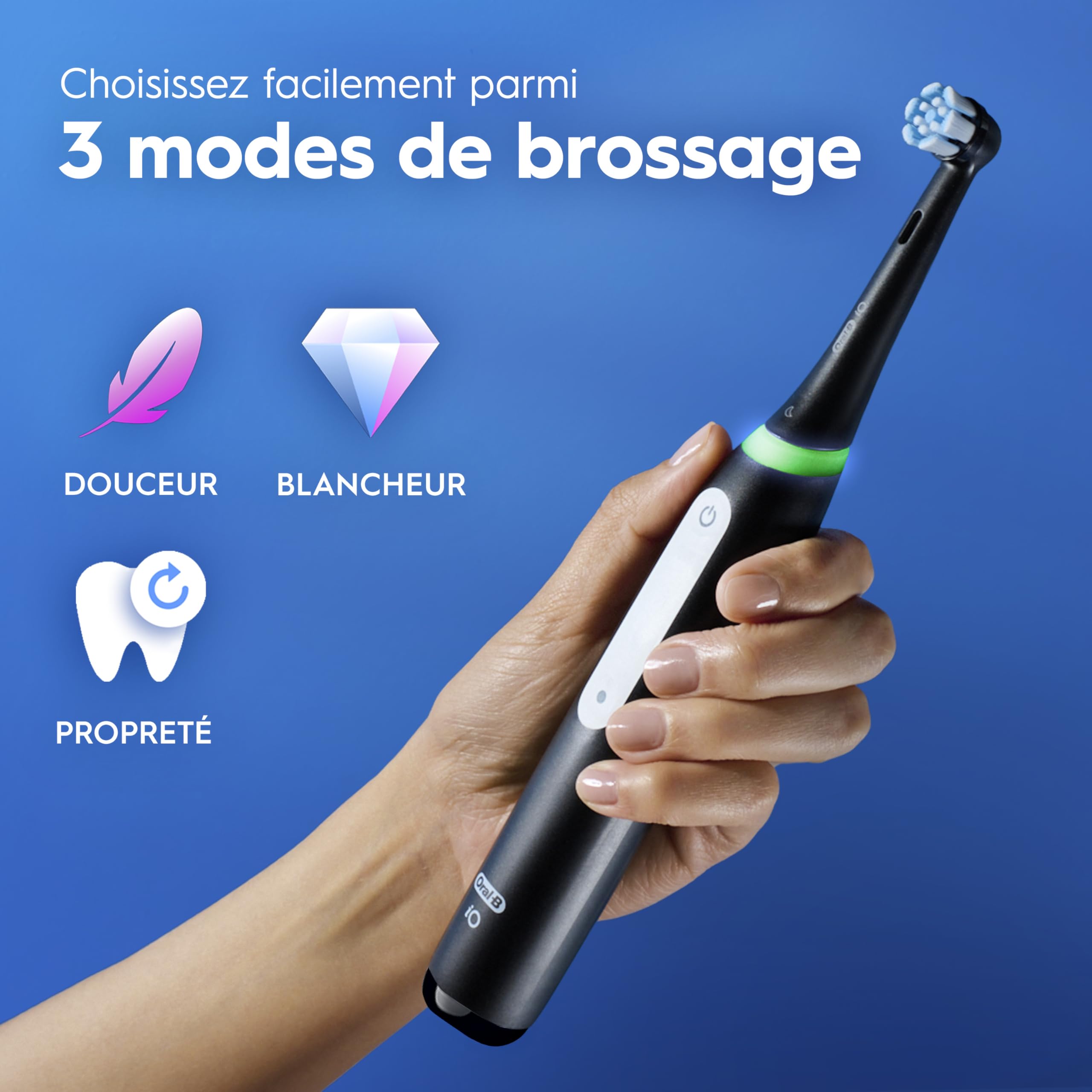 Oral-B Brosse à Dents Electrique iO 3, 3 Brossettes de Rechange, Noire – 3 Modes de Brossage Silencieux dont Douceur et Blancheur, Capteur de Pression sur les Gencives, Batterie Rechargeable