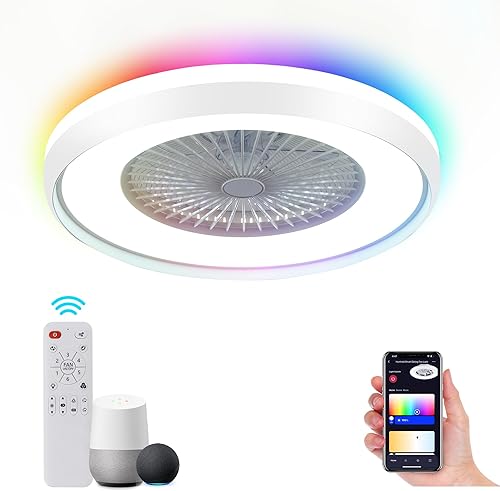 DOMANKI Ventiladores de techo de perfil bajo de 24 pulgadas con luces, ventilador de techo inteligente sin aspas con AlexaGoogle AssistantAPP