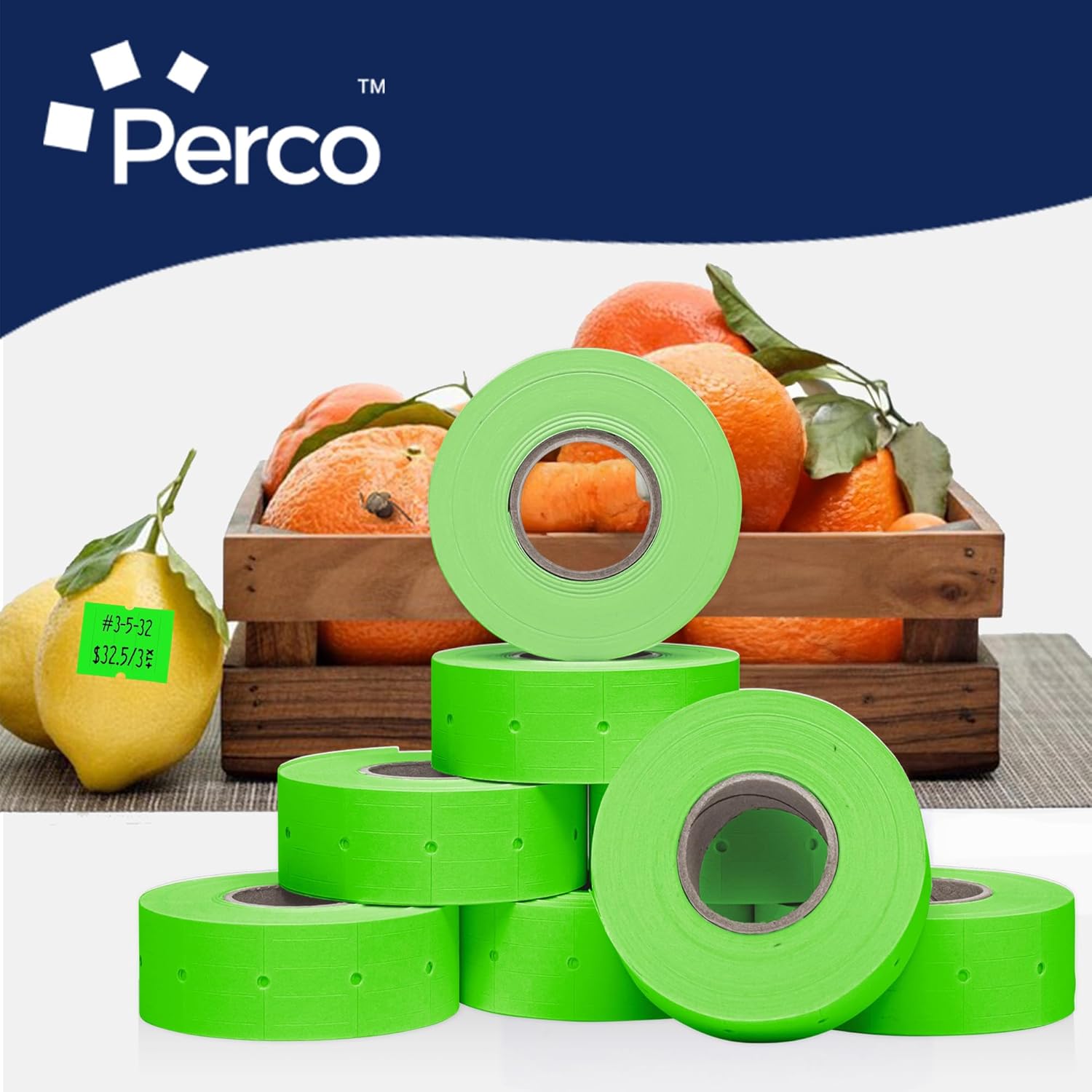 Perco 2 Line Fluorescent Green Labels - 8 Rolls, 1 Sleeve, 6,000 Blank Price and Date Gun Labels for Perco 2 Line Price and Date Guns - Made in USA