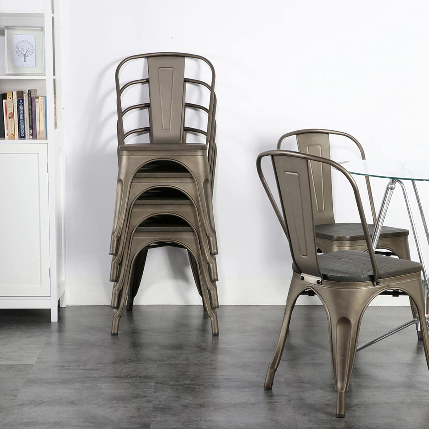 Yaheetech Metal Dining Chairs with Wood Seat/Top Stackable Side Chairs Kitchen Chairs with Back Indoor-Outdoor Classic/Chic/Industrial/Vintage Bistro Café Trattoria Kitchen Gun Metal, Set of 4