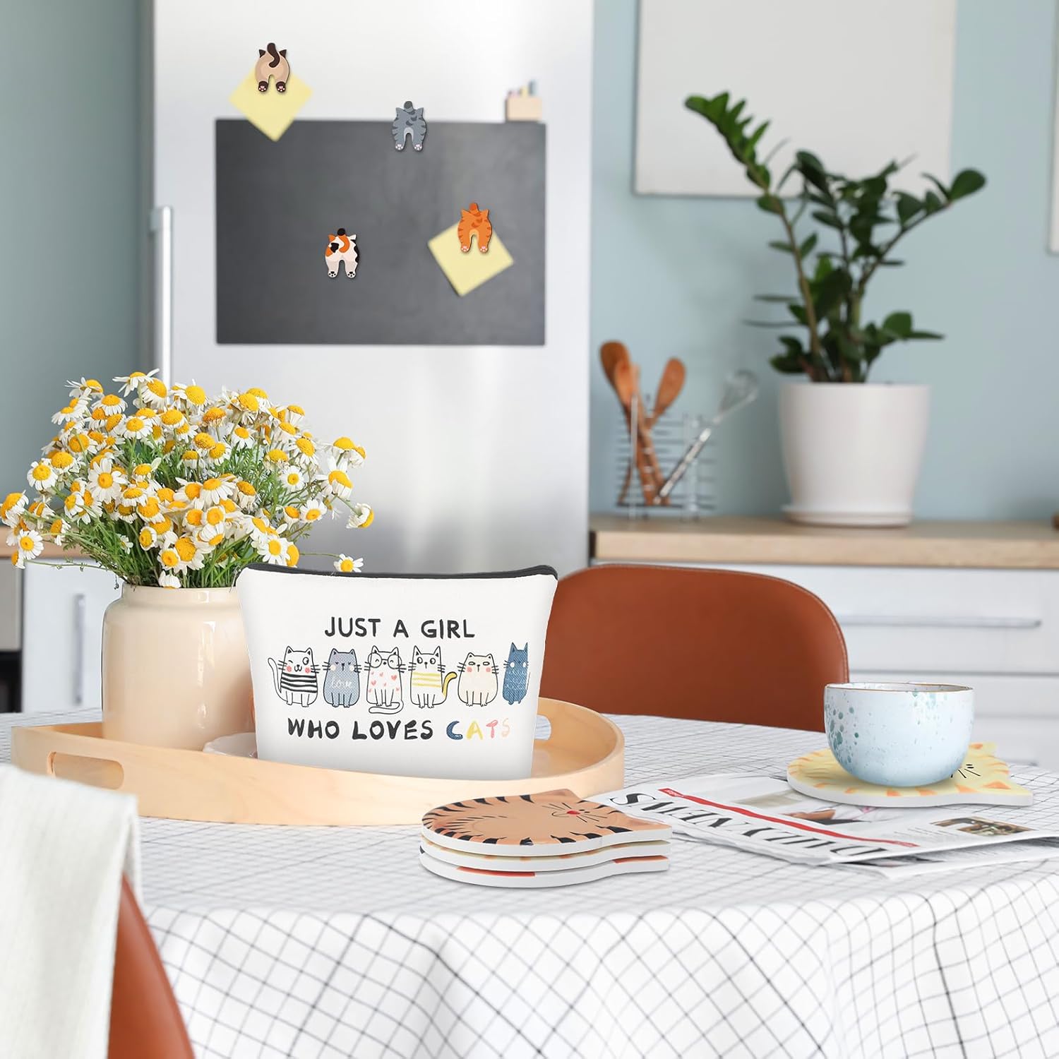 Hushee 9 Pcs Cat Lover Gift for Women, Cat Mom Gifts, Just a Girl Who Loves Cats, Kitten Pattern Makeup Bag, 4 Novelty Refrigerator Magnet, 4 Ceramic Drink Coaster for Pet Lovers Birthday Mother's Day - Image 3