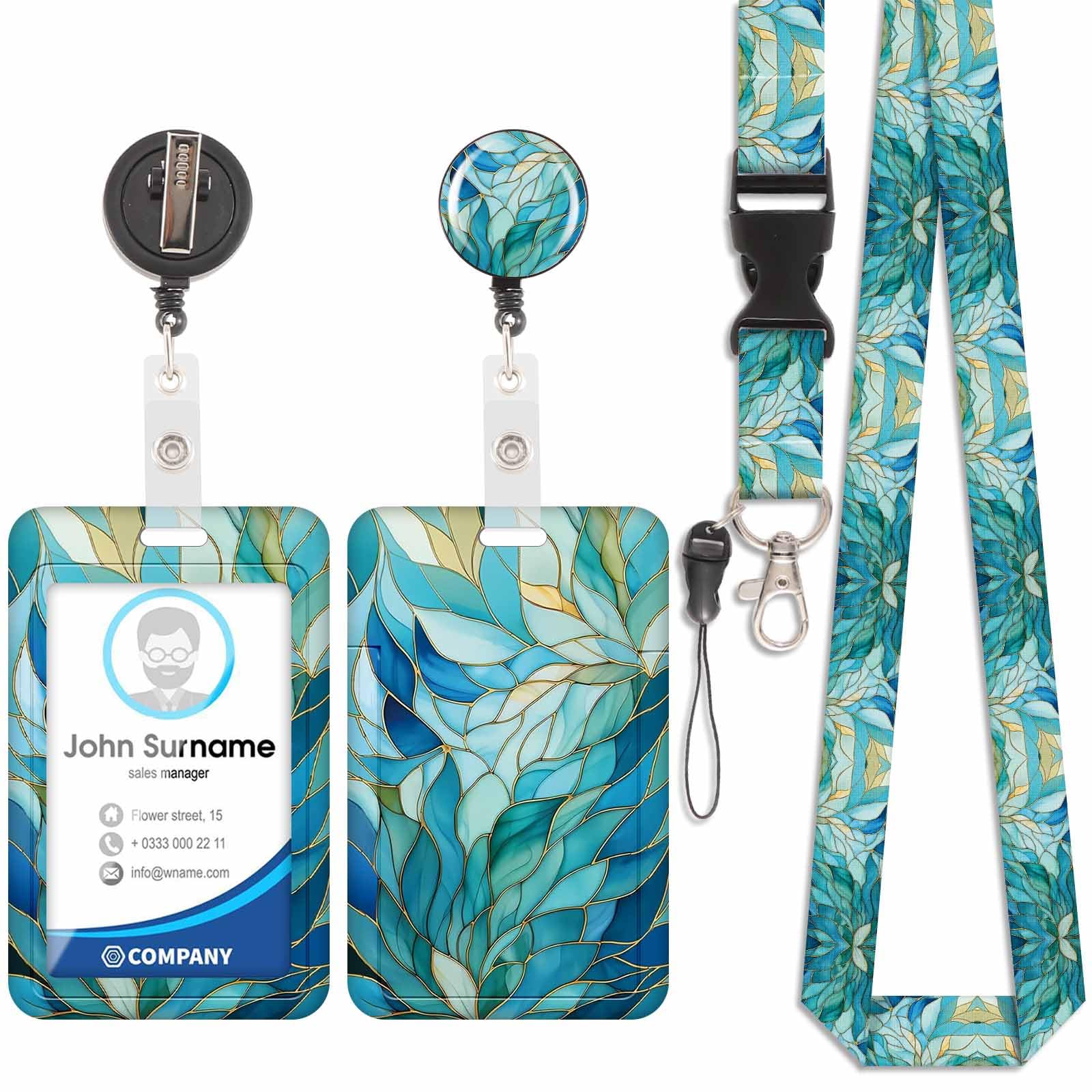 Badge Holder with Lanyard, ID Badge Holders with Detachable Cute Lanyard, Retractable badge Reel Carabiner Clip, Personalized Vertical Card Cover Case Protector for Nurse Teacher Student (Blue Leaves)