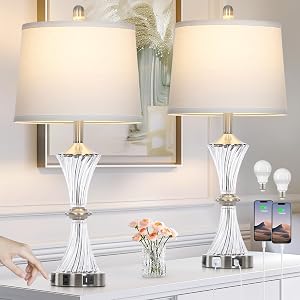Rinweey Crystal Glass Table Lamp Set of 2 with USB C+A Ports & AC Outlet, White Clear Lamps, Modern Bedroom Lamps, Silver Lamps for Night Stands Bedroom Living Room,Nightstand Lamp LED Bulbs Included