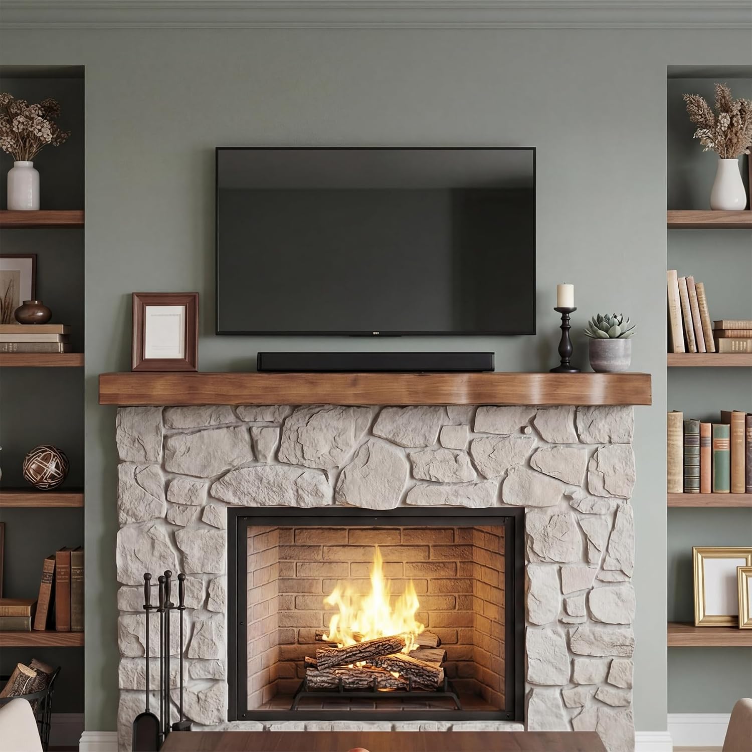 63-Inch Fireplace Mantel, Solid Wood Floating Mantel Shelf with Live Edge, Long Floating Shelves for Wall, Bedroom, Living Room, Rustic Brown
