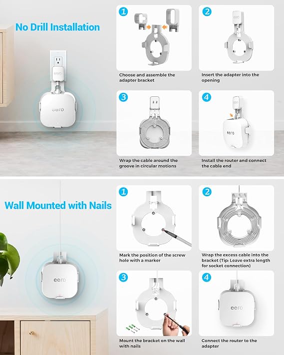 CUHIOY Wall Mount Holder for eero Pro 6 or eero pro 6E, Wall Bracket with Cord Management, No Drilling Holder Compatible with Vertical or Horizontal Outlets, Easy to Nail on Wall (White, 3Pack)