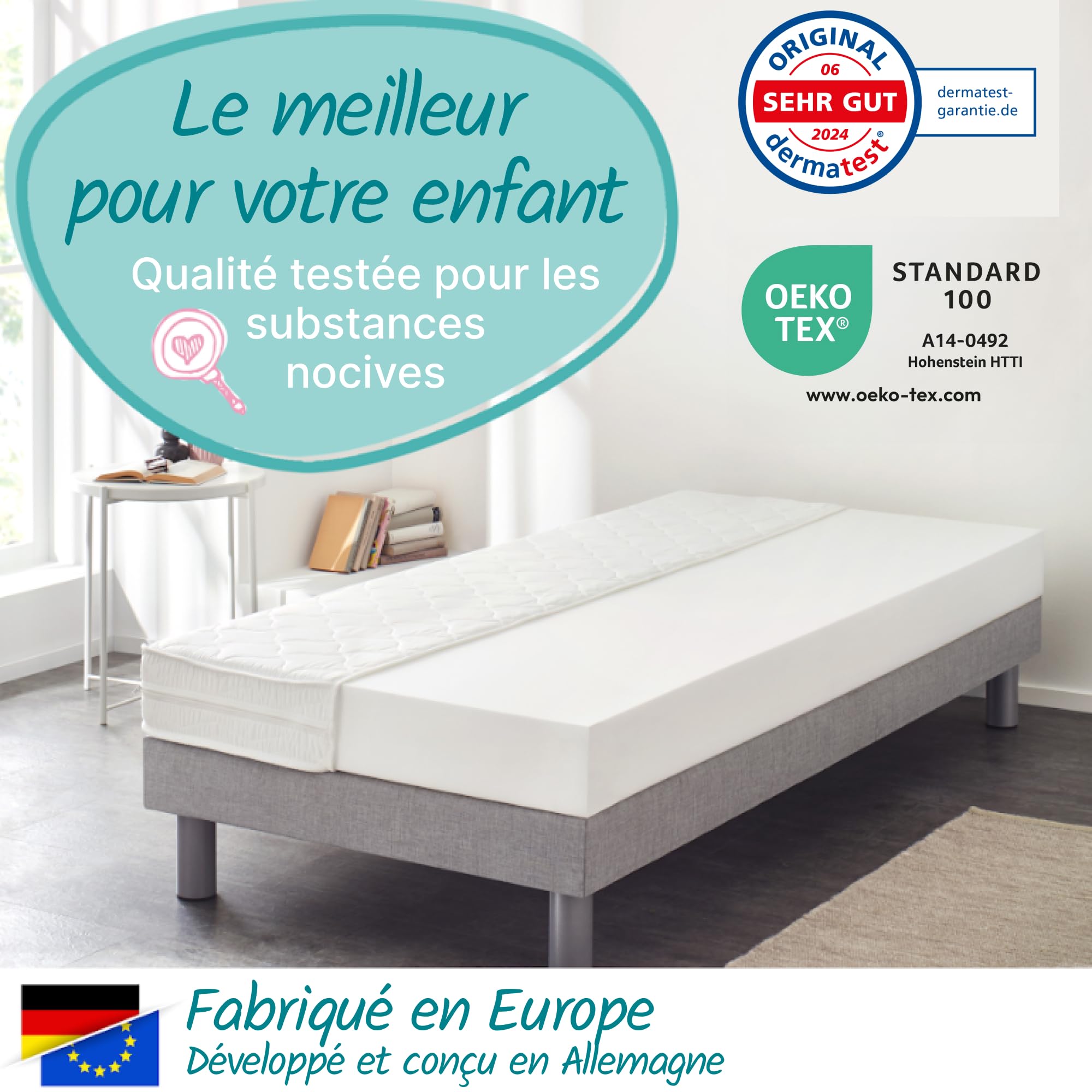 sun garden Matelas Enfant 90x200 cm H2 + Protège-Matelas | Mousse de Confort Certifié Oeko-TEX 100 | Housse Lavable | Matelas Enfant avec Finition Climatique | Modèle P1440 ComfortPur