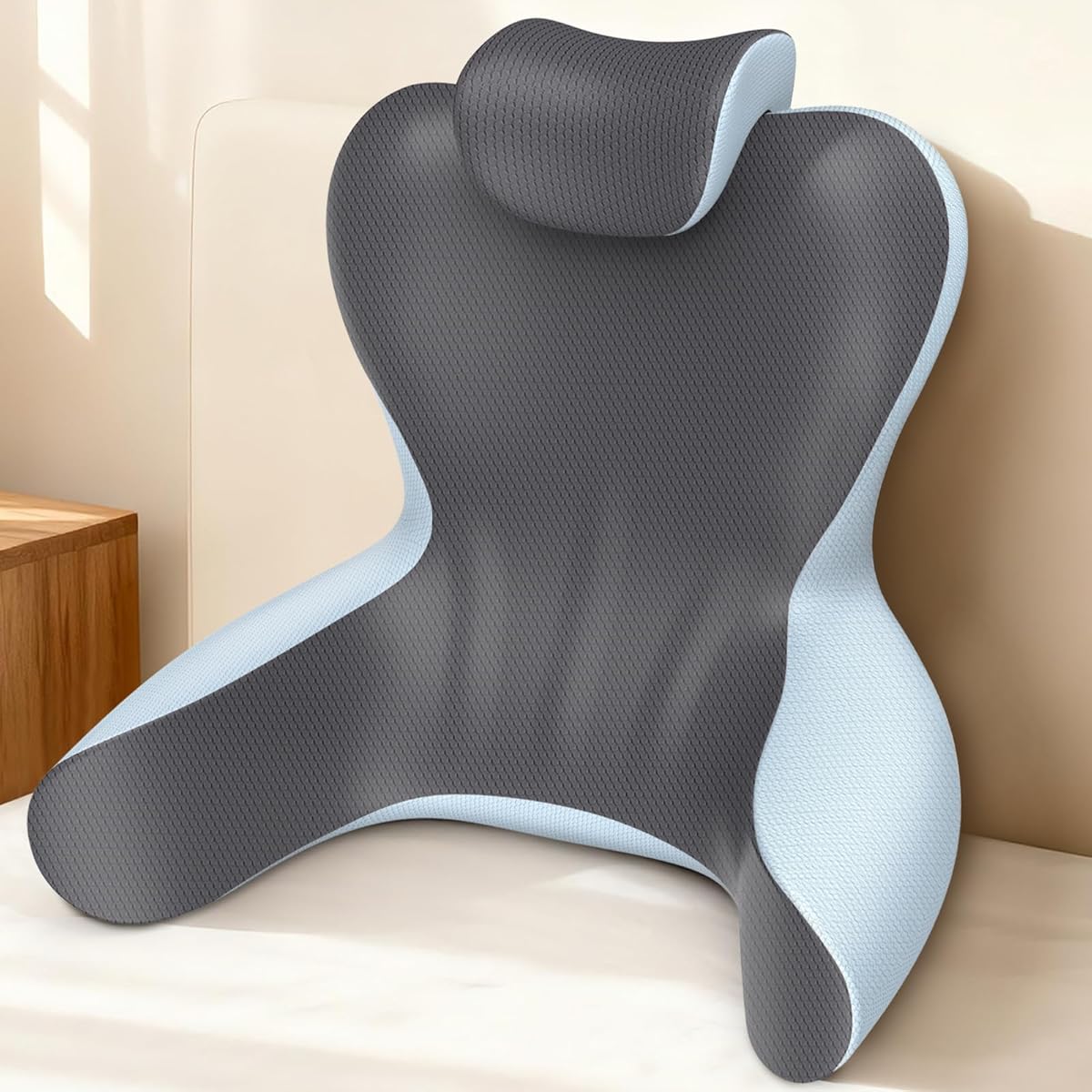 Reading Pillow for Sitting in Bed,22" H Back Support Pillow for Sitting up,Back Rest & Lumbar Support Pillows with Arms, Bed Rest Chair Cushion,Chaise Lounges Reclining,Gaming,Work,Resting(Grey&Blue)