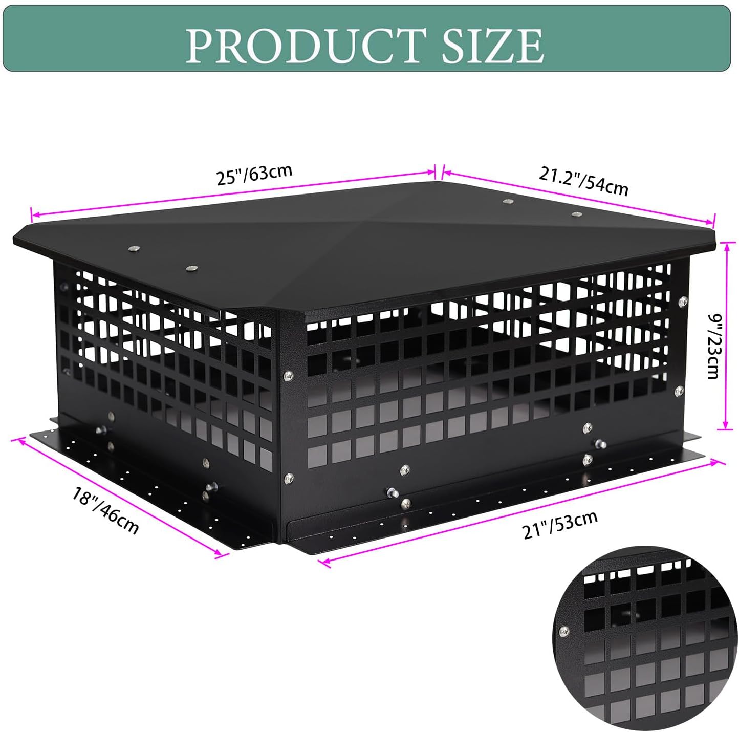 18" x 21" Chimney Cap, Chimney Cover Fireplace Chimney Flue Caps, Adjustable Metal Strips with Bolts Screws Black (18" x 21")