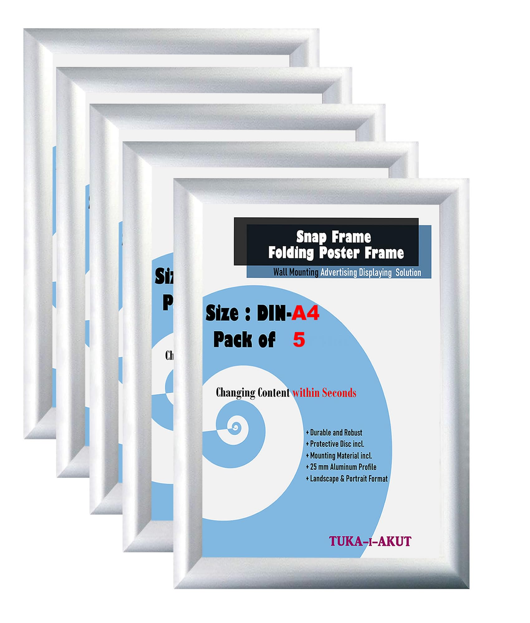 TUKA-i-AKUT 5er A4 Klapprahmen aus Aluminium 25 mm Profil, Plakatrahmen Wechselrahmen Poster Rahmen Schnapprahmen Aufklappbar mit Schutzscheibe Befestigungsmaterial, Silber Farbe, TKD8420-A4-5X