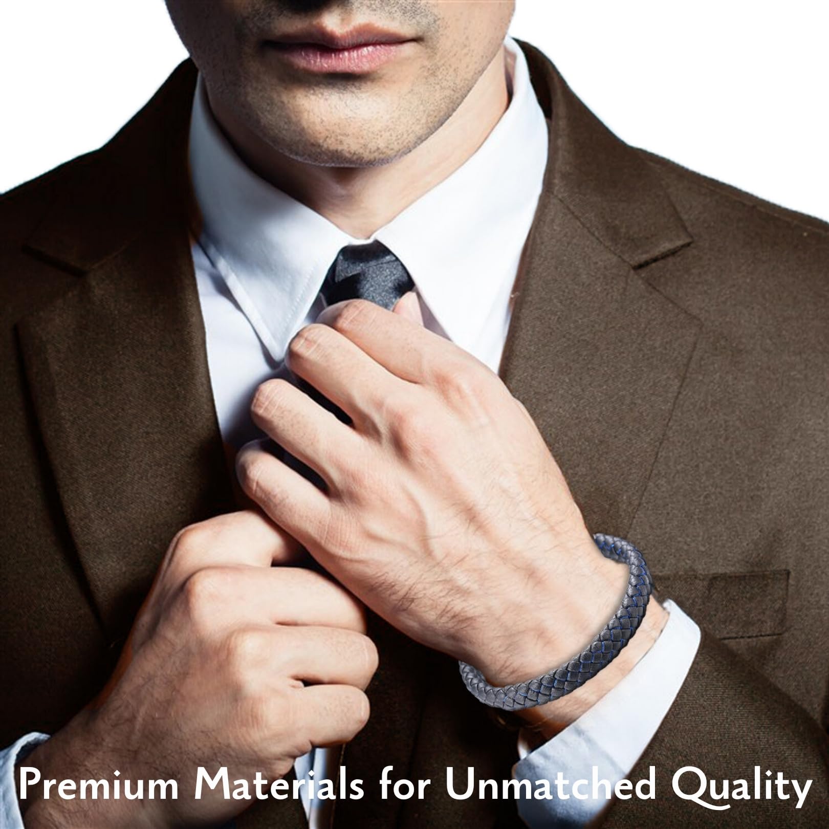 HALUKAKAH ● Veille de Nuit ● Le Bracelet de l’Homme en Cuir Véritable Noire Cordon Rouge/Bleu Fermoir Magnétique Titane 21.5cm avec Le Boîte-Cadeau Gratuit