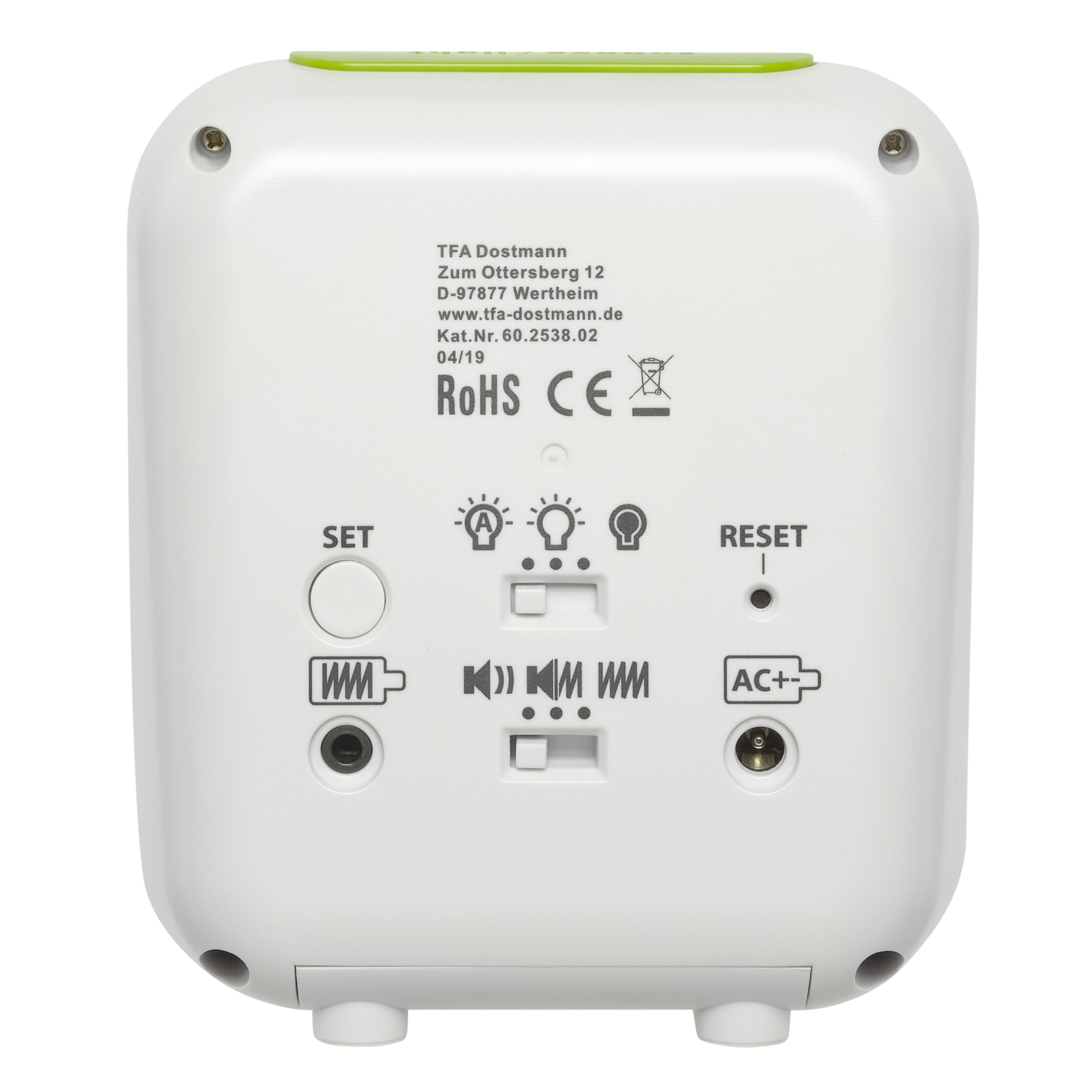 TFA Dostmann 60.2538.02 Wekker Zendergestuurd Wit, Groen Alarmtijden 2 Trilalarm Extra Luid Wekgeluid Groot Display