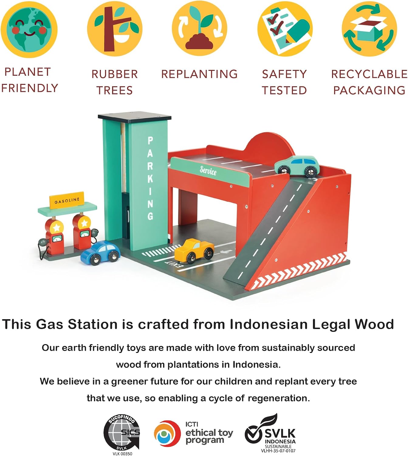 Mentari Toys - Gas Station - Wooden Toy Garage with Lift, Cars, Ramp and Gas Pumps - Encourages Imaginative Play, Fine Motor Skills & Problem Solving - Age 3+