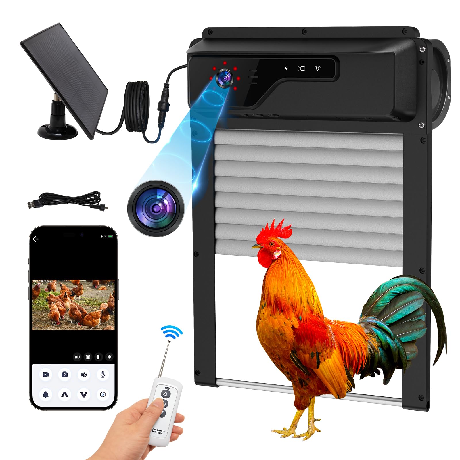 PYUNZGO Automatic Chicken Coop Door with WiFi HD1080P Camera,Auto Solar Chicken Coop Door Opener with Timer,APP Remote Control,5000mA Battery,Night
