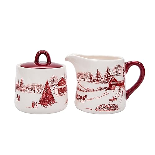 Bico Toile De Jouy Winter Wonderland Ceramic Sugar and Creamer Set, Sugar Bowl with Lid, Cute Container for Coffee Bar, Kitchen Countertop Accessories, Microwave and Dishwasher Safe