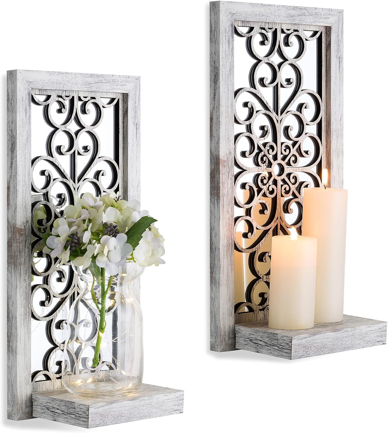 Mirrored Wall Candle Holders Decorative White - Farmhouse Wall Candle Sconces Set of 2 Washedwhite Candle Holder Decor for Small Vase Tealight Pillar Candles