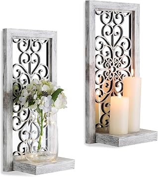 Mirrored Wall Candle Sconces Set of 2 with Scrollwork Design