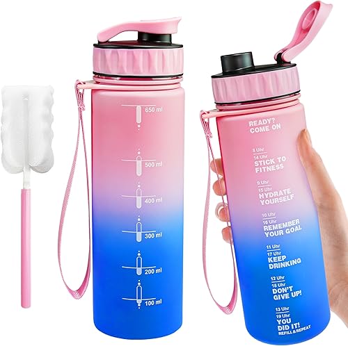 Botella de agua grande con marcador de tiempo motivacional, jarra de agua con asa, botella deportiva transparente para gimnasio, campamento,