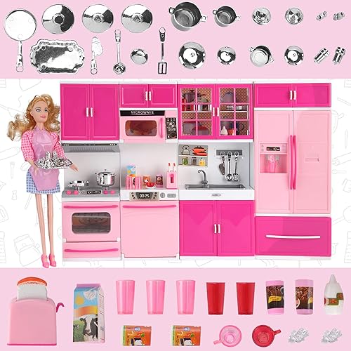 Vista 2 de My Modern Mini Kitchen House - Juego de accesorios de juguete con luces y sonidos realistas para niños pequeños, niñas (4 en 1 con muñeca)