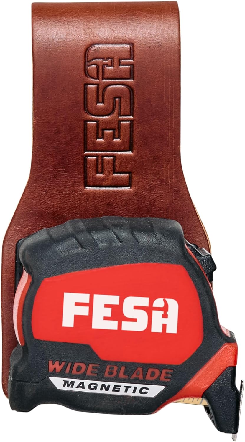 FESA Leather Tape Measure Holder for Belt with Steel Clip & Reinforced Heavy Duty Rivets - Leather Drill Holder for Tool Belts up to 3" Wide - Handcrafted