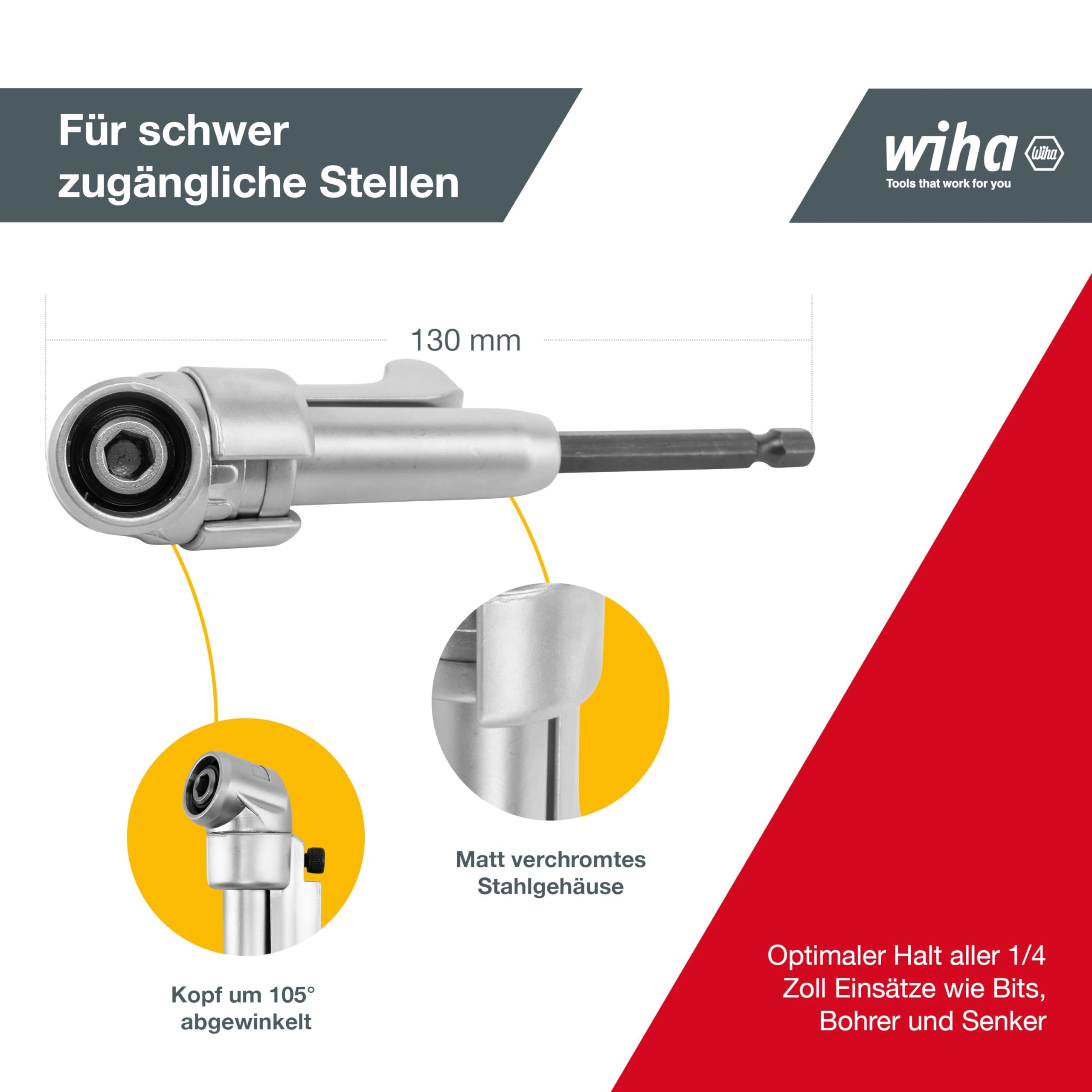Wiha Hochleistungs-Winkelschrauber mit Schnellwechselhalter mit um 105° abgewinkeltem Kopf, magnetisch, 1/4 mm, 130 mm I um die Ecke schrauben (32311)