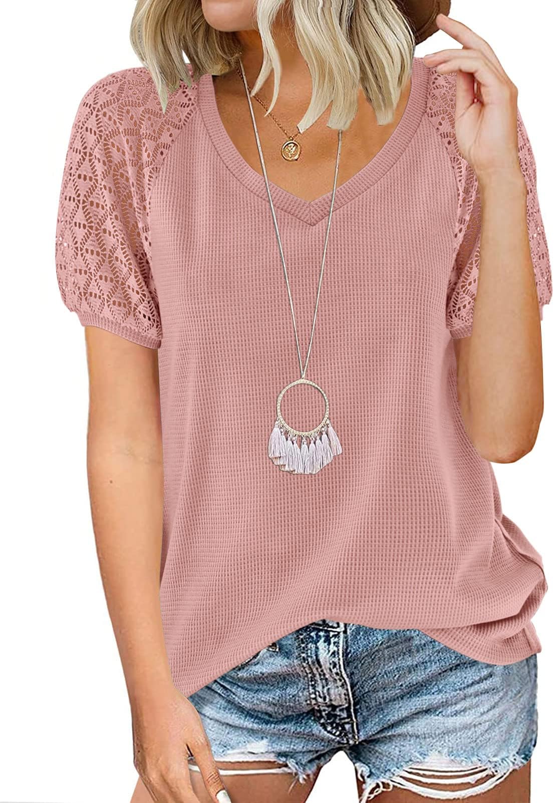 MEROKEETYWomen's Summer Lace Short Sleeve V Neck Tops Shirt Loose Casual Waffle Tee Blouse