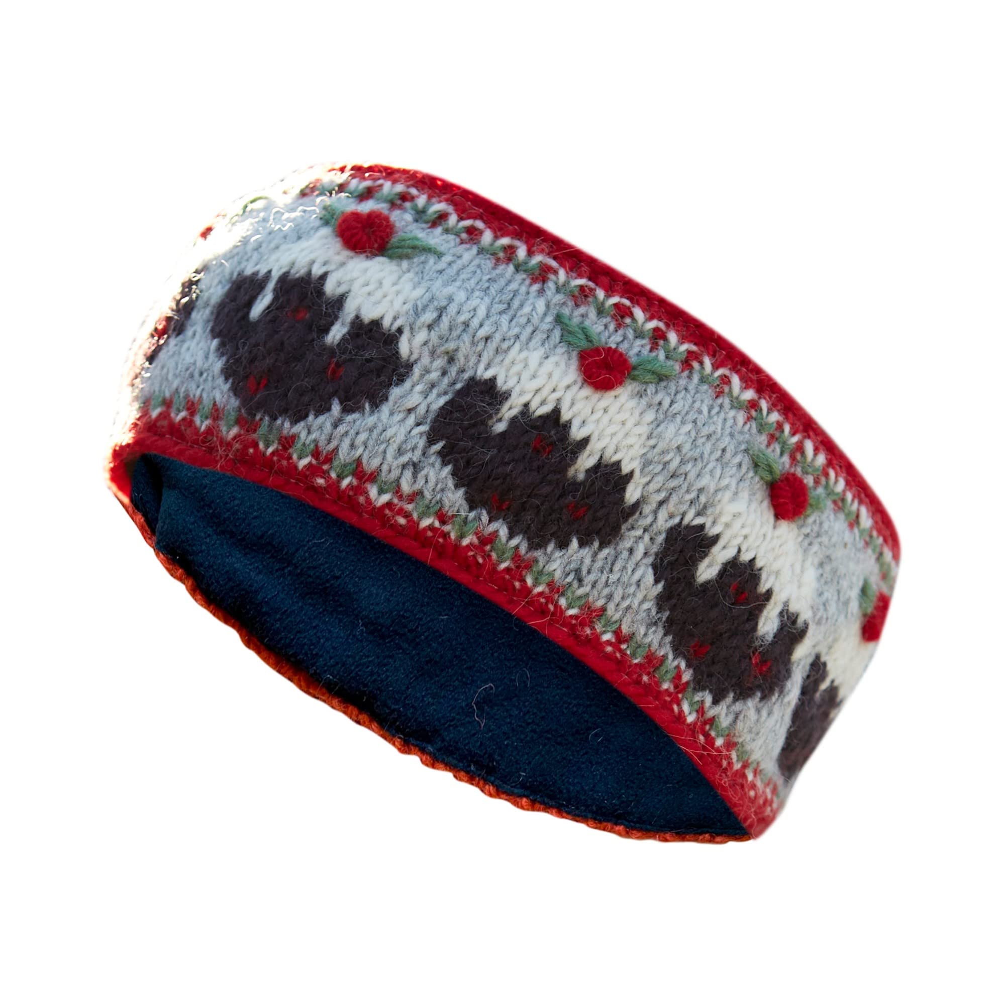 Pachamama Women Wool Ear Warmer Headband Fleece Lined Handknitted Christmas Pudding Grey One-Size Handmade Fair Trade