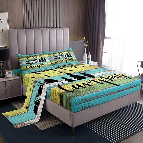 Vista 134 de Juego de sábanas para cámper tamaño matrimonial para niños y niñas, sábanas de madera para adolescentes de Happy Camping Farm, accesorios de Multi 04