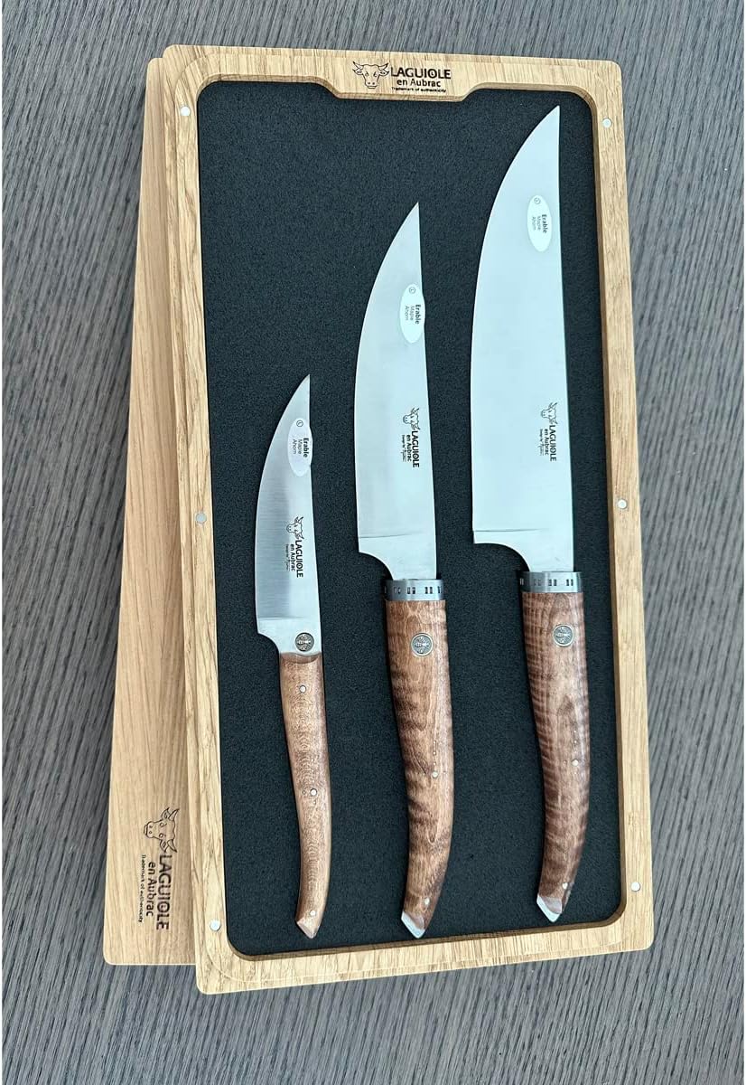 Laguiole en Aubrac Cuisine Gourmet Stainless Fully Forged Steel Made In France Starter 3-Piece Premium Kitchen Knife Set With Wavy Maple Wood Handles