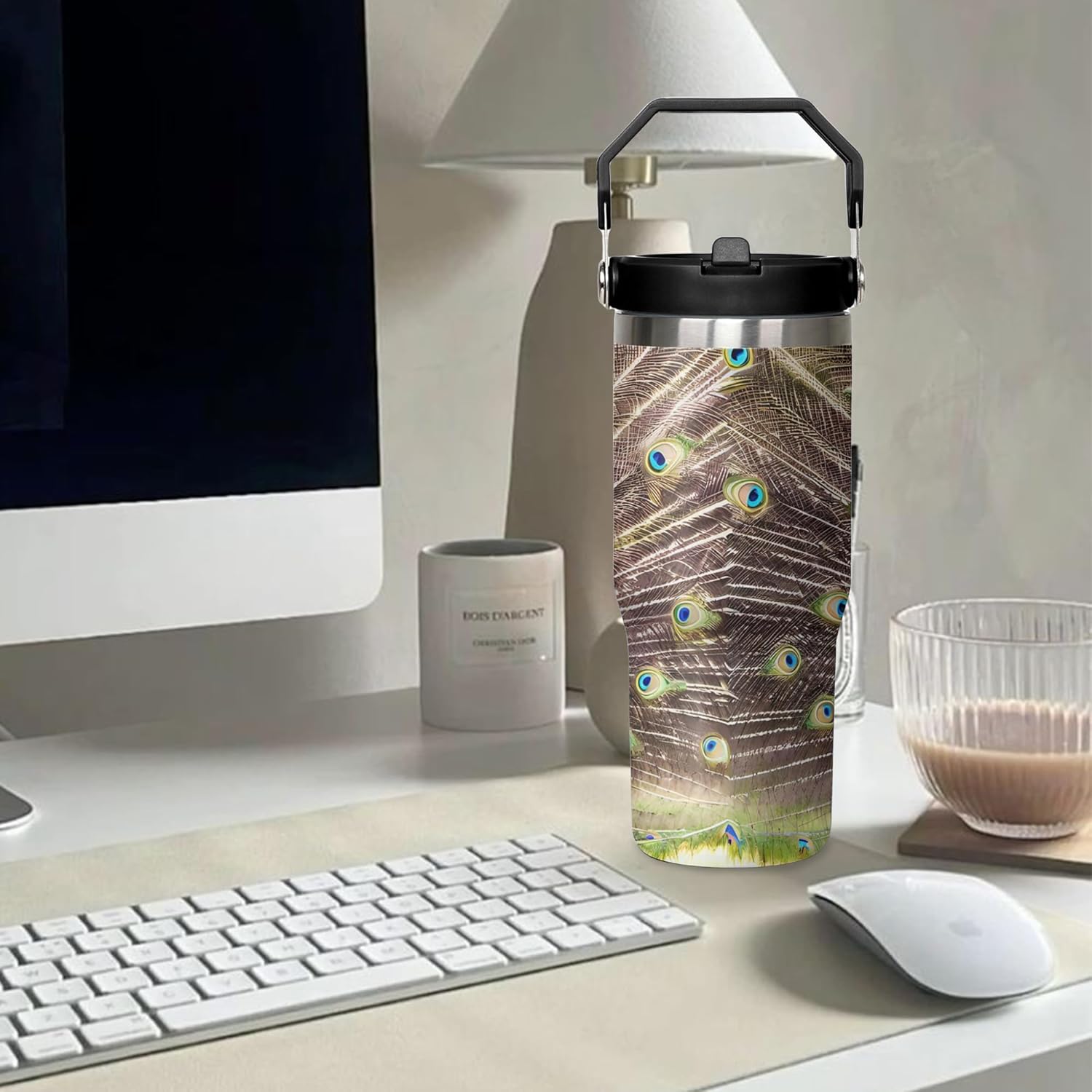 30oz Peacock Tumbler with Handle and Flip Straw, Stainless Steel Insulated Cup, Travel Coffee Mug Water Bottle, Birthday Mothers Day Chritmas Gifts for Women Animal Lovers