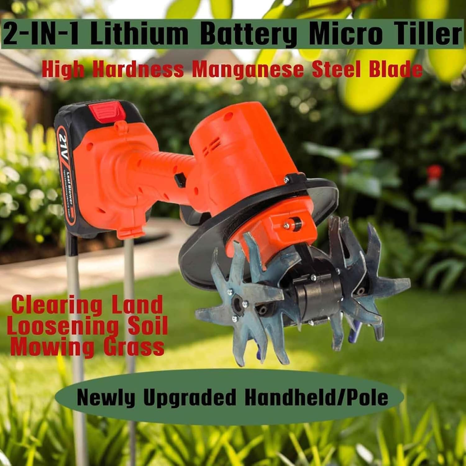Motoazada y Cultivador Eléctrico Inalámbrico 21V, Mini Motocultor Ligero de Mano con Batería Recargable y Mango Ajustable para Mujeres, Mayores, Pequeños Jardines, Parterres,2Batteries