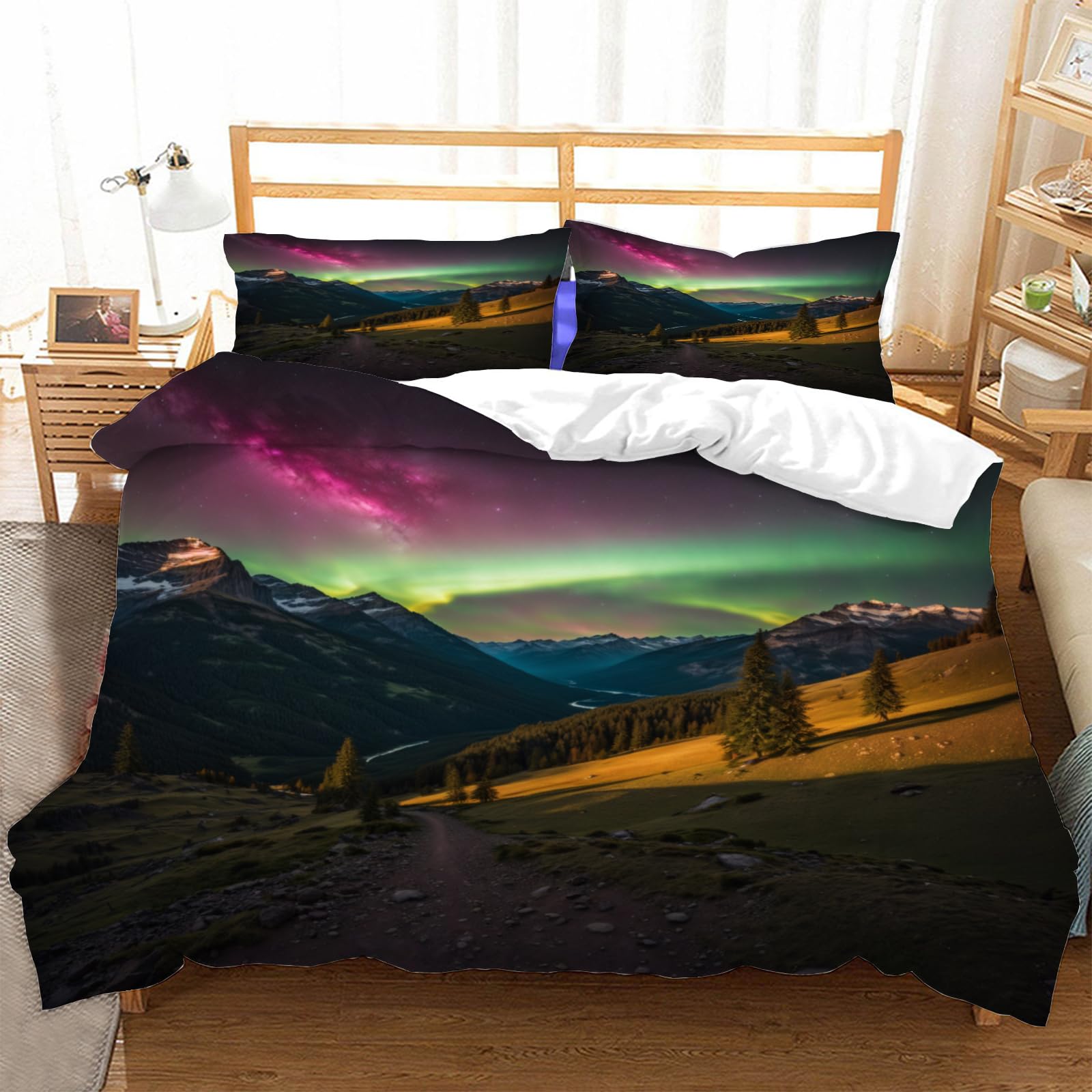 Parure de lit 2 personnes avec housse de couette 240x260 cm et taies motif montagne Aurora