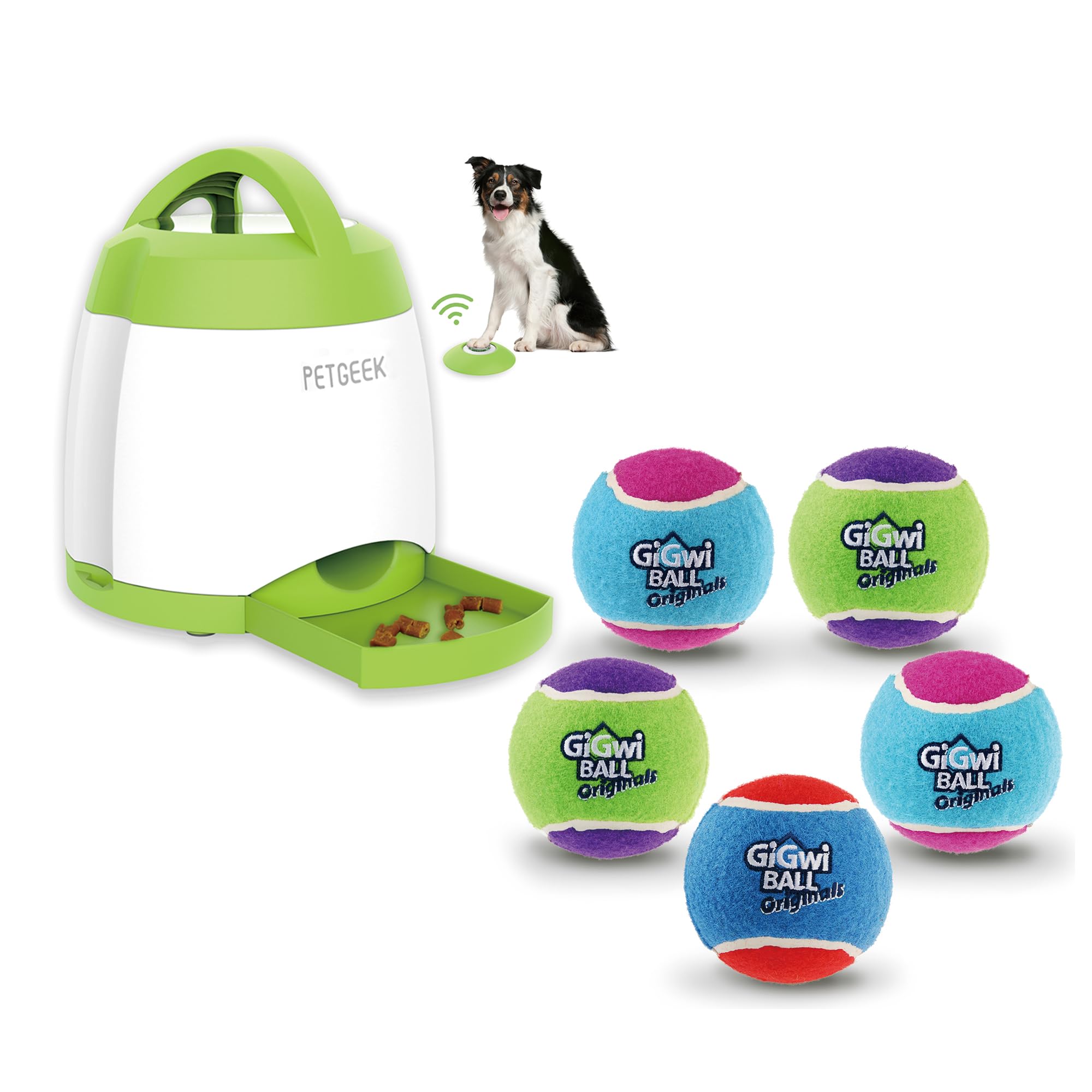 Bundle 2 Items PETGEEK Treat Dispenser Dog Toys Gigwi Squeaky Tennis Ball Dog Toys 5 Set