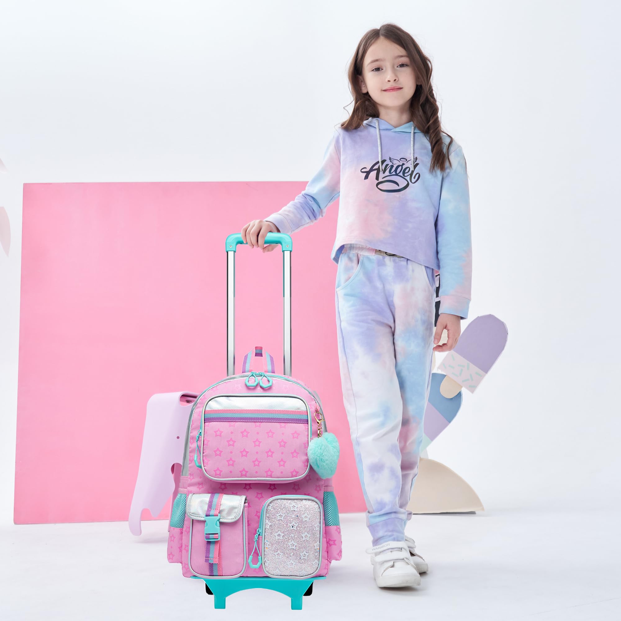 Meetbelify Einhorn Rollrucksack für Mädchen 5 in 1 Grundschüler Schule Rucksäcke mit Rädern Reisegepäck 17 Zoll Kinder Laptoptasche mit Brotdose für Teenager Mädchen