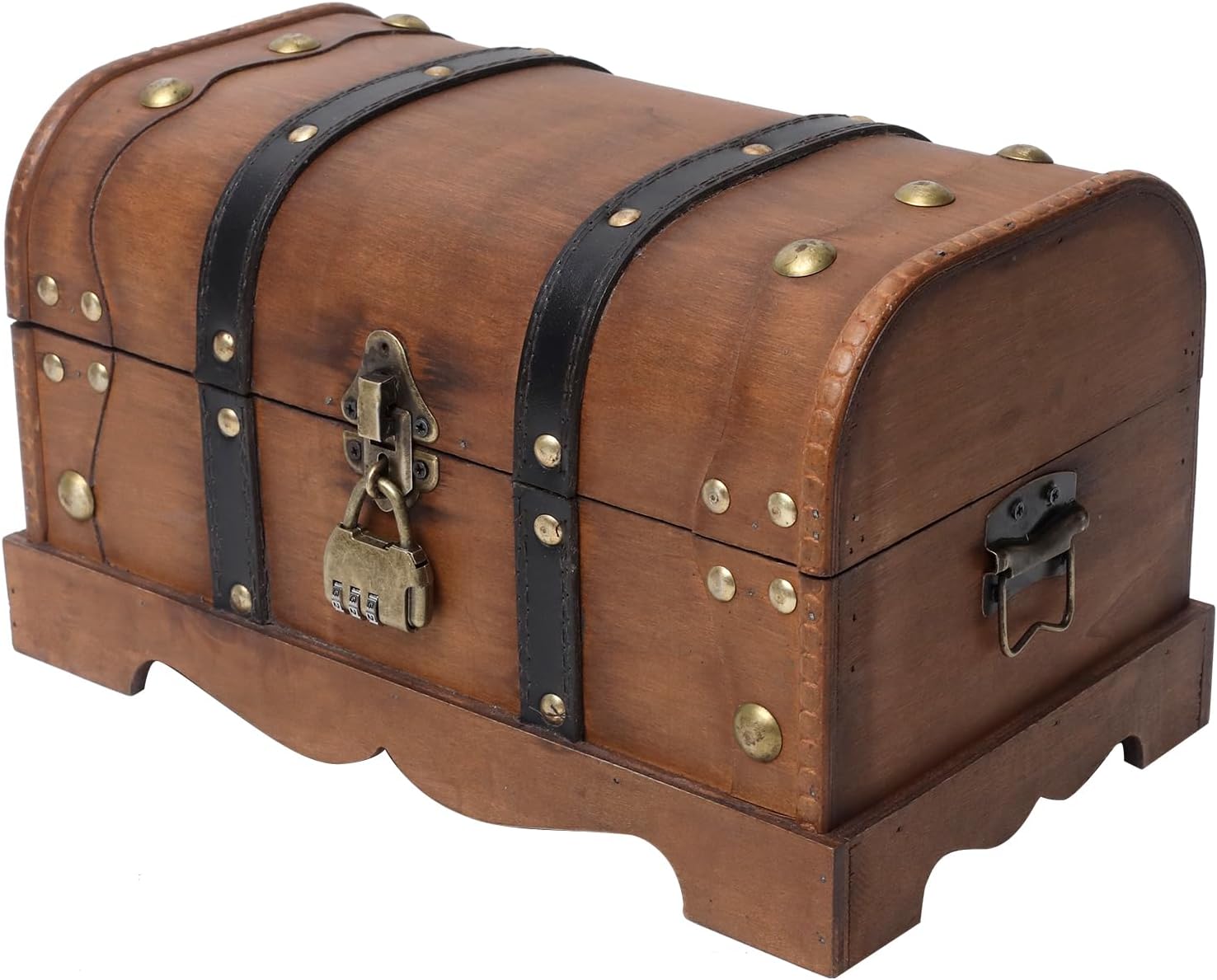 SwallowLiving Vintage Wooden Treasure Chest Box with Lock – 12.2"x7.1"x7.1" Decorative Storage Box for Keepsakes, Jewelry, Gifts, Pirate Chest Style with Combination Padlock,Brown