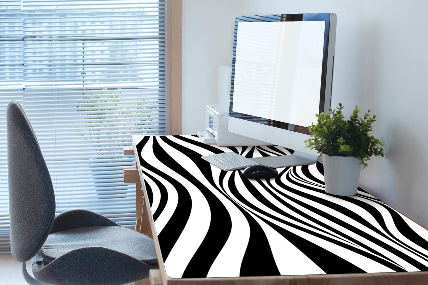 Sottomano da Scrivania 120x60 cm Facile da Pulire Antiscivolo Impermeabile per Ufficio e Casa in Vinile PVC Protezione e Decorazione Superficie Protettiva - Onde bianche e nere