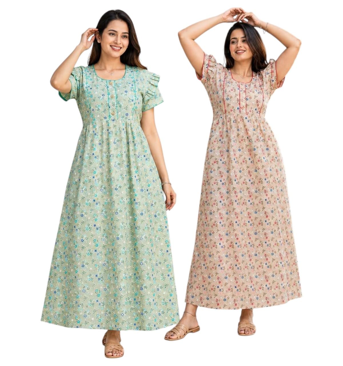 Women's Pure Cotton Floral Print Maxi Nighty, Frock Look, Short Sleeve, Full Length, with Pocket, Soft Breathable Sleepwear, Lounge Wear for Women Pack of 2-picture-41