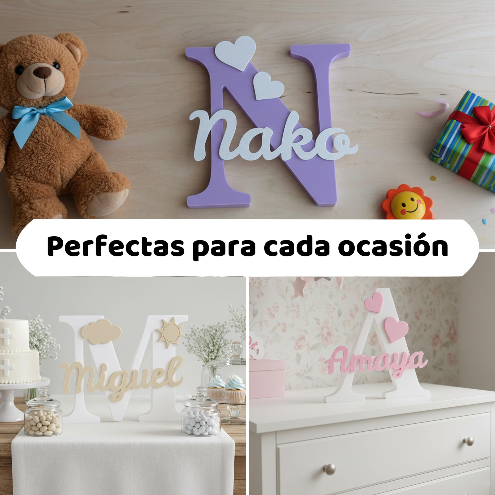 Genérico Letra Decorativa Personalizada con Siluetas | Decoración Habitación Infantil y Bebé | Regalo Original Bautizo, Nacimiento y Comunión | Múltiples Diseños y Tamaños