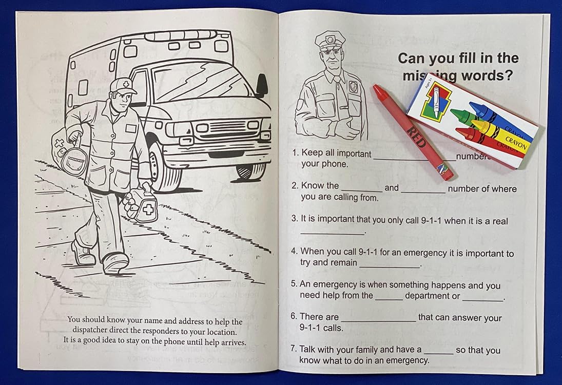 ZOCO – Learn About 911 – Coloring & Activity Books (25 Bulk Pack, with Crayons) – EMT, EMS Dispatcher, Police, Sheriff, Fire Department Handout for Kids