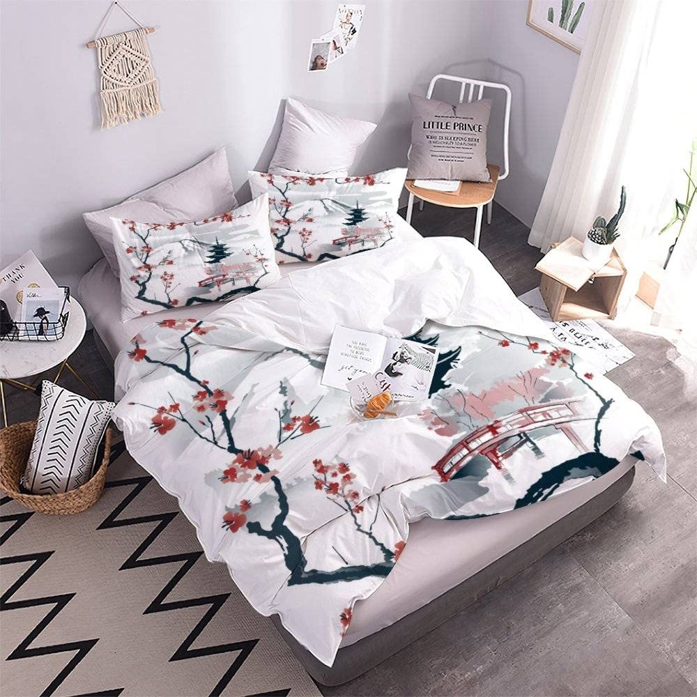 LLTTEER Parure De Lit Au Motif Fleurs De Cerisier 3 Pièces,Housse De Couette Japonais Romantique Thème Plantes Fleurs Branches Impression Avec 2 Taies D' Oreiller 50x75cm (Style A, 135 X 200 Cm