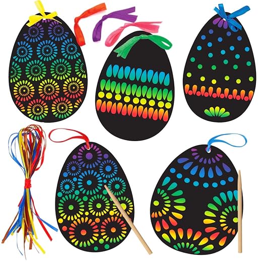 Koogel Easter Egg Scratch Art Set, 36 PCS Rainbow Scratch Art Mini Notes with Colorful Ribbon and Wooden Stick Crafts for Kids Party Favor Easter Decor Tree Decor