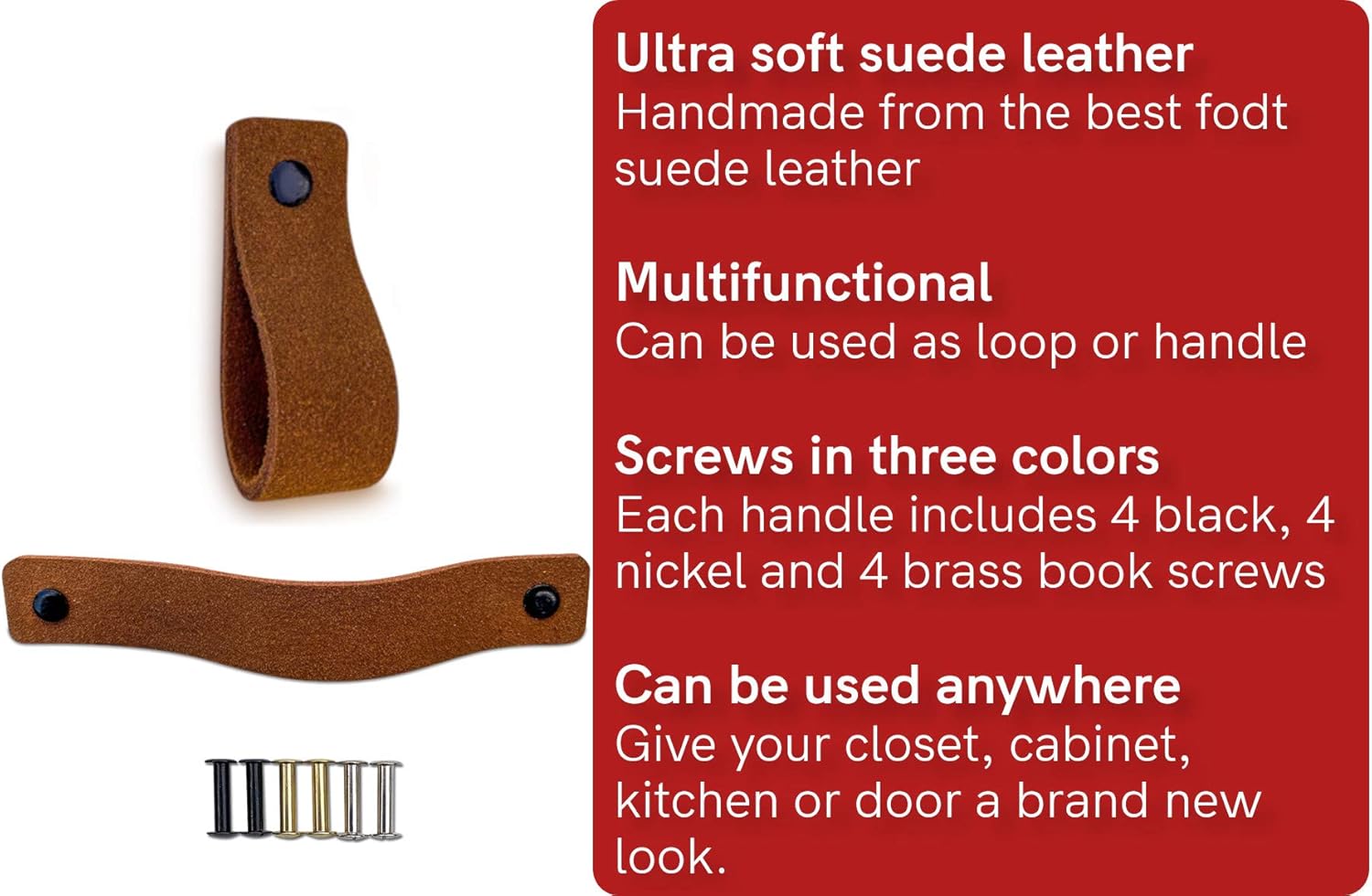 Brute Strength - Leather Drawer Pulls - Cognac - 12 Pcs - 6.5 x 1 Inches - Industrial Style - Ambidextrous - Easy to Install