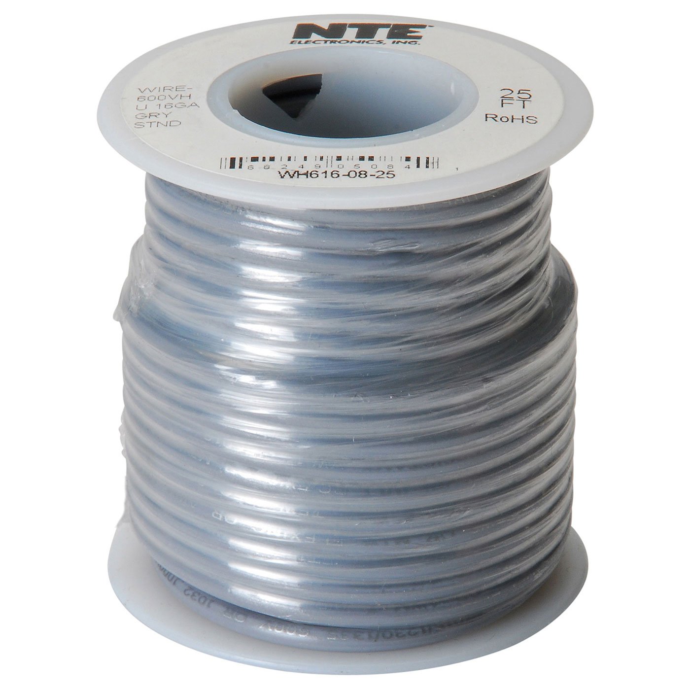 NTE Electronics WH6160825 Hook Up Wire, Stranded, Type 16 Gauge, 25' Length, 600V, Gray