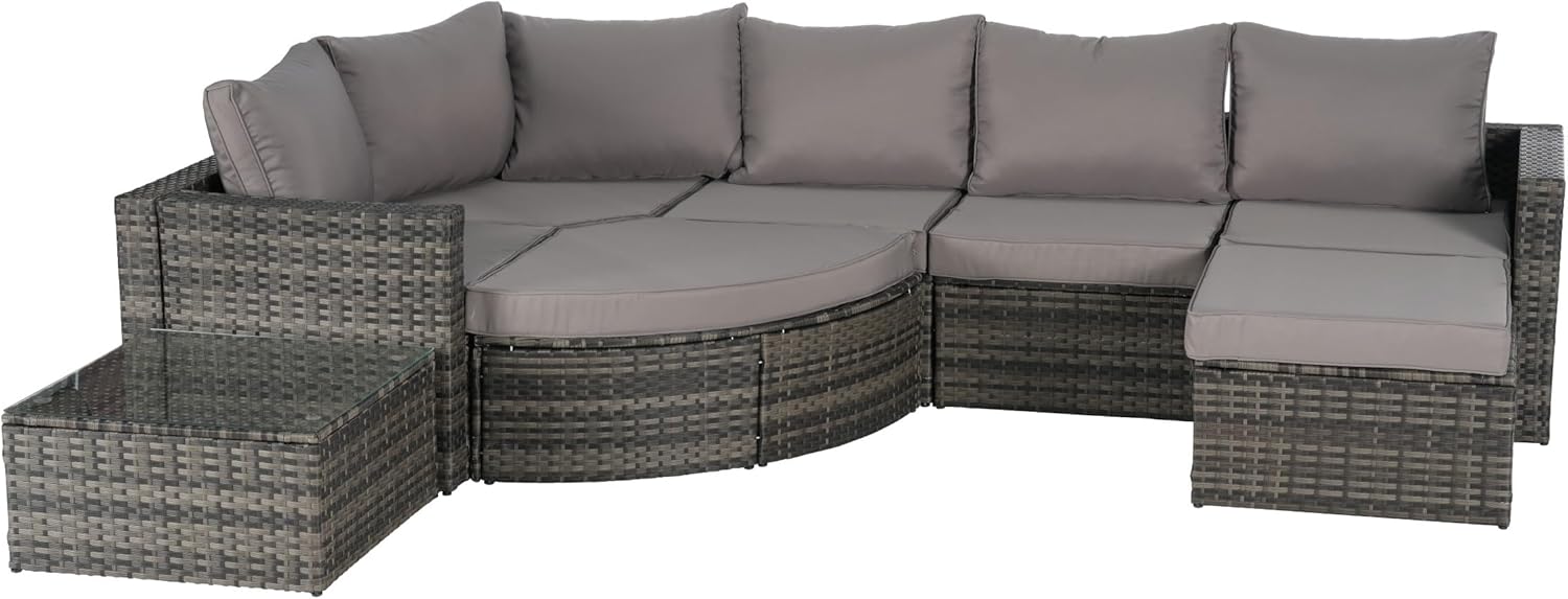 KEIKI 8Pcs Outdoor Patio Sleeper Sofa Day Bed Conversation Furniture Sets, Wicker Woven Sectional Couch Seating with Chaise Lounge Ottoman, Glass Top Coffee Table, Pillow & Cushion for Backyard Lawn