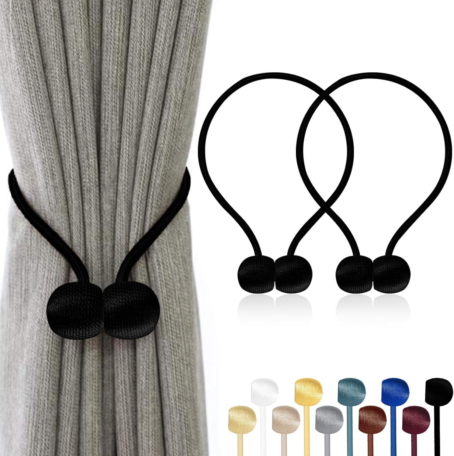 TopHomer Magnetic Curtain Tie Backs 2 Pack - 10 Colour Options | No-Drill Installation for All Room Types (Black) โ image 1