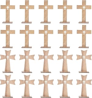 SEWACC 20pcs Wooden Crosses for Crafts Small Unfinished Wood Crosses Catholic Standing Cross with Bases Wooden Wall Cross with Stand Spiritual Religious Cross for Baptism Centerpieces